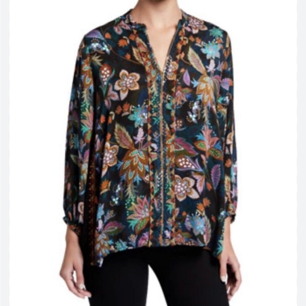Johnny Was Blouse Embroidered Floral Boho Tunic Long Sleeve Top